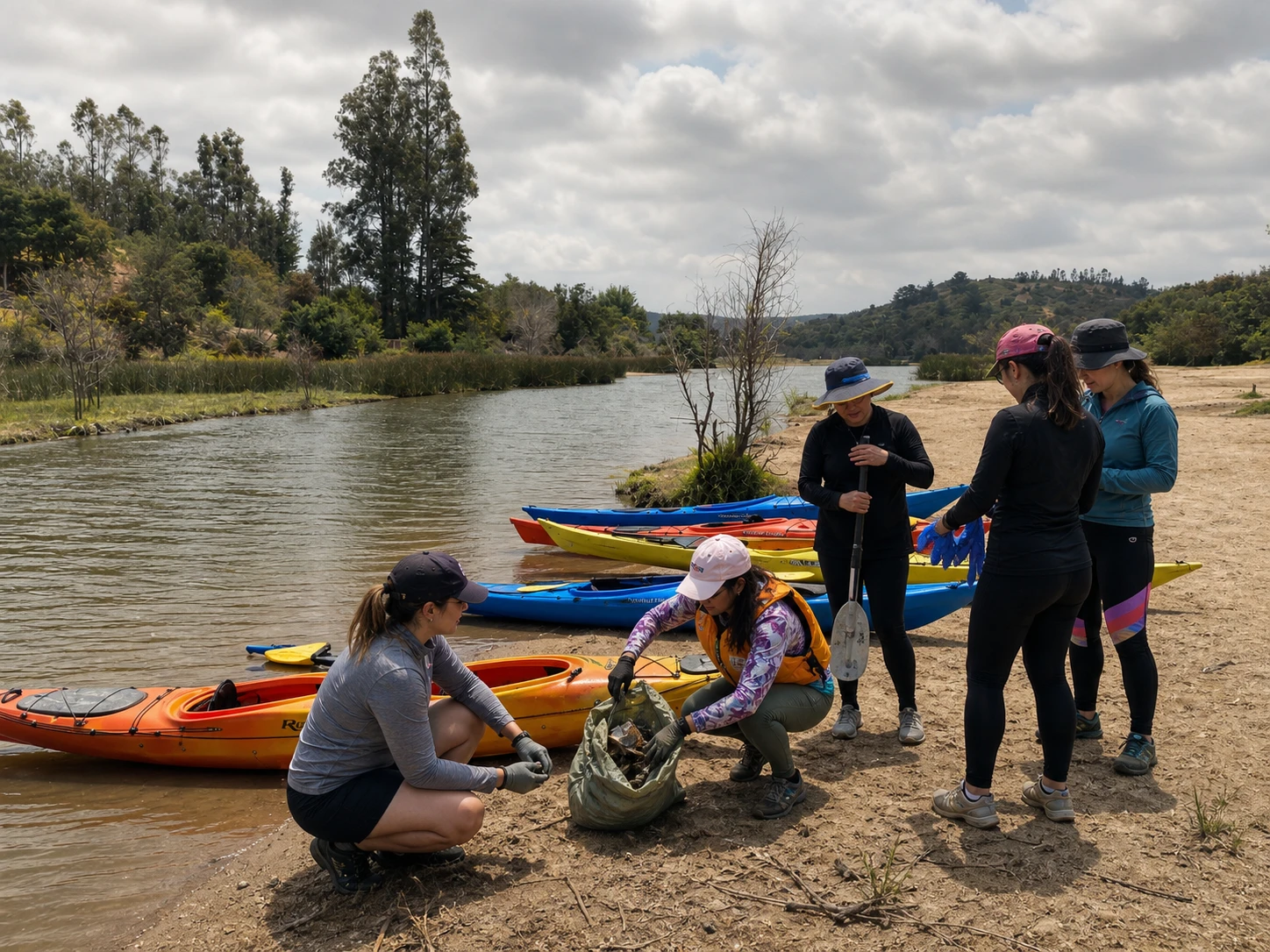 Voluntarios preparando kayaks y recogiendo residuos junto al humedal